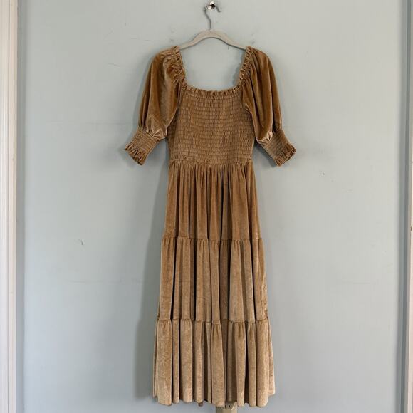 Baltic Born Vivaldi Smocked French Gold Velvet Puff Sleeve Midi Dress - Picture 4 of 6